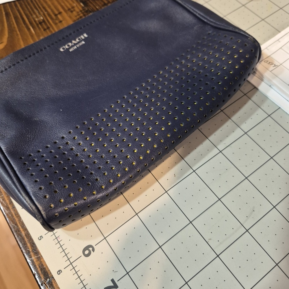 Coach Legacy Navy Blue Perforated Leather Zip Clutch Wristlet with Tassels - Picture 7 of 8